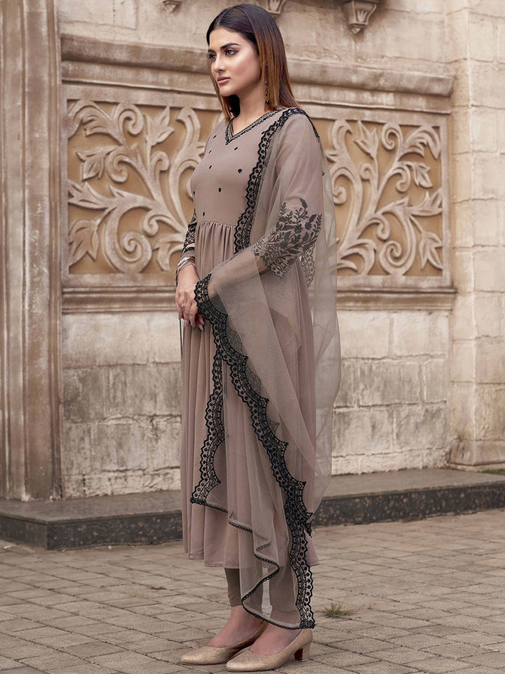 Tikhi Imli Nude Floral Embroidered Thread Work Georgette Kurta With Trouser & Dupatta