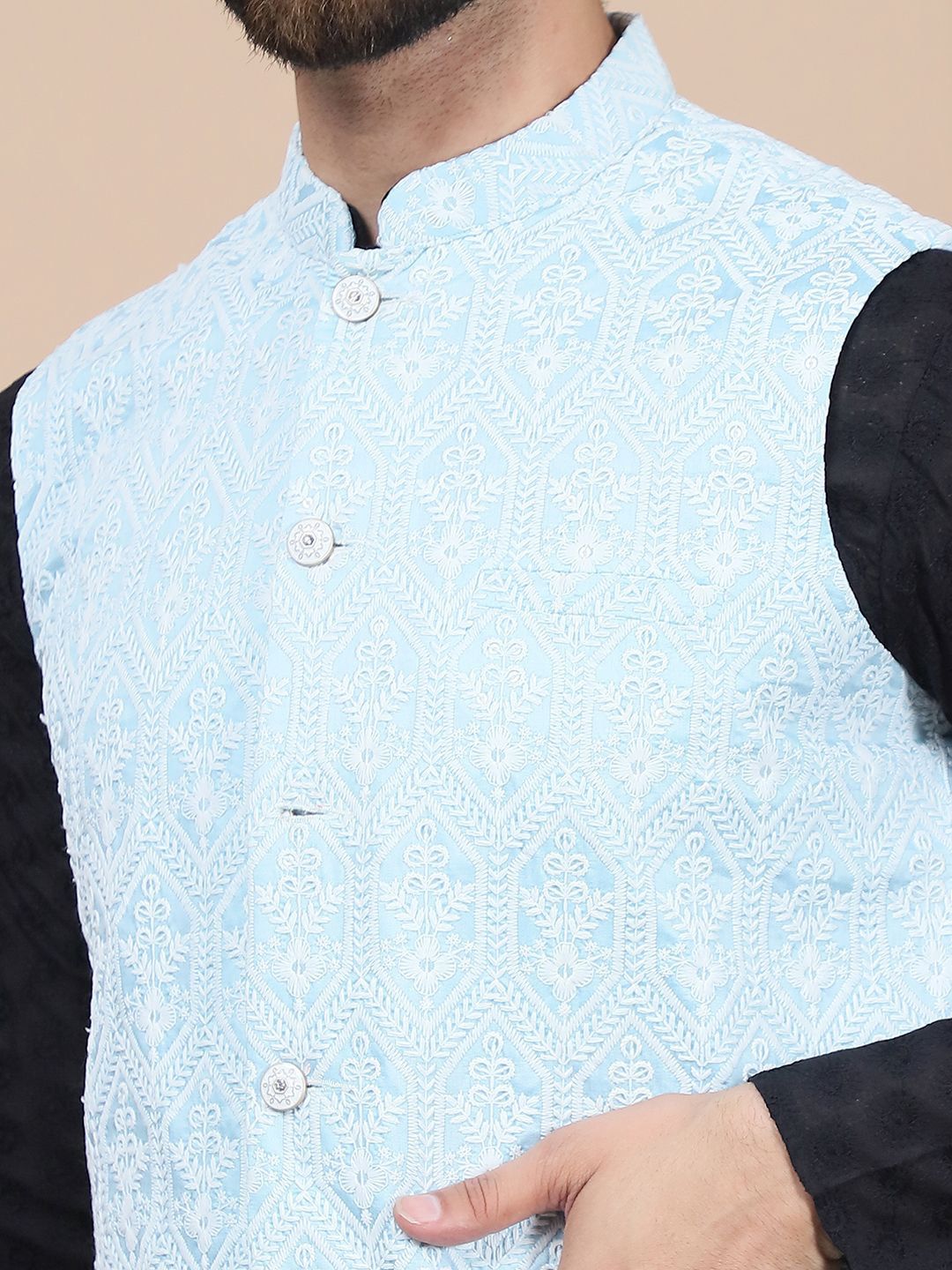 Anouk Black Geometric Woven Design Pure Cotton Straight Kurta & Churidar & Nehru Jacket