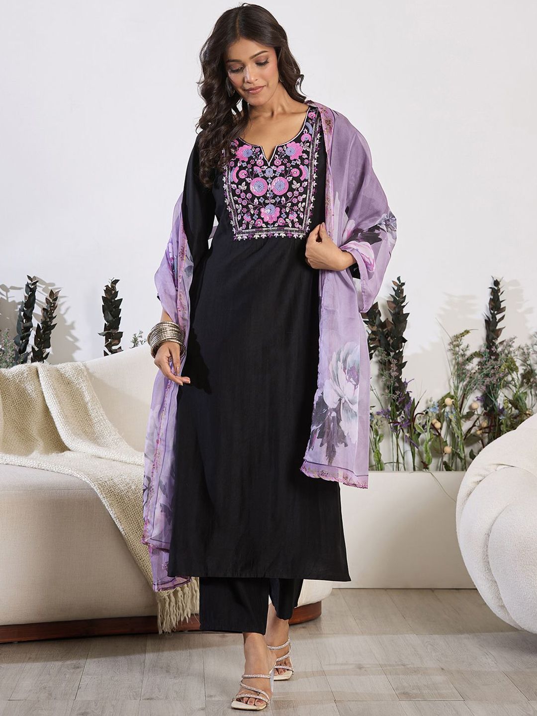 Indo Era Floral Embroidered Yoke Design Round Neck Regular Kurta With Trouser & Dupatta