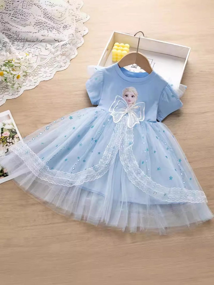 YK Girls Rapunzel Bercetak Pakaian Sisipan Renda