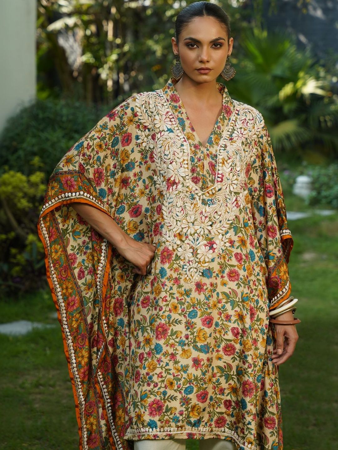 House of Chikankari Women Printed Chikankari Crepe Kaftan Kurta