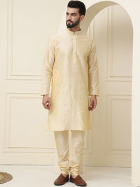 SOJANYA Mandarin Collar Silk Cotton Kurta With Churidar & Woven Design Nehru Jacket