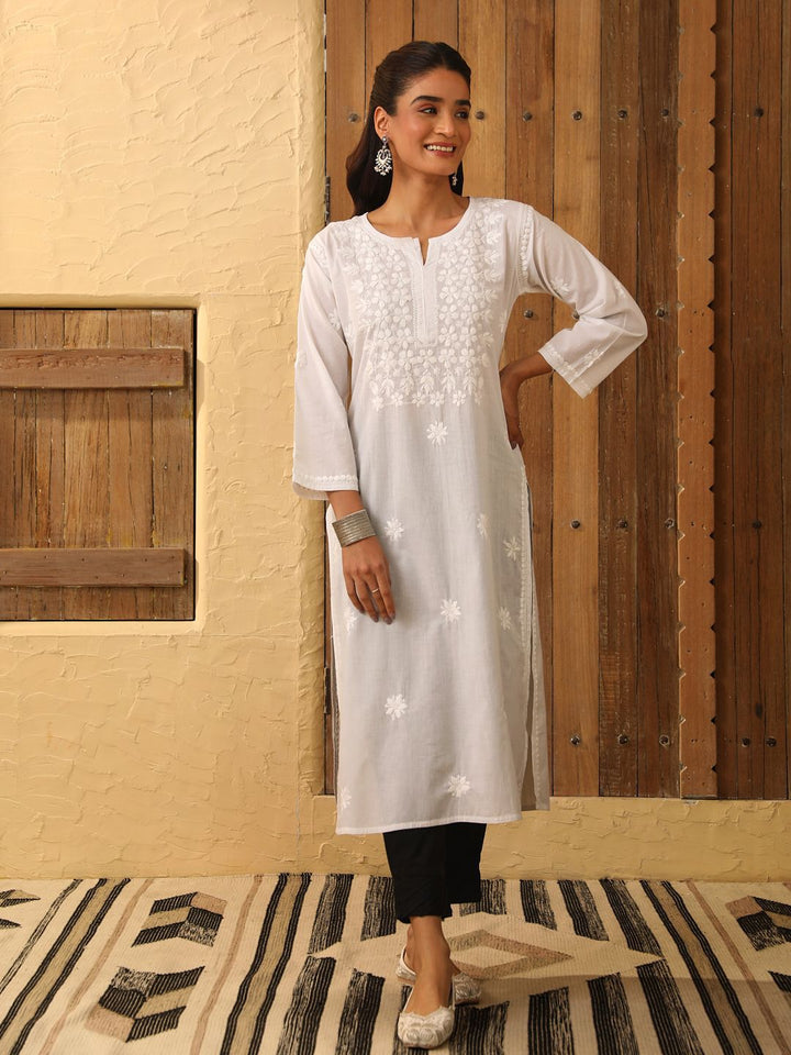 House of Chikankari Women White Cotton Chikankari Embroidered Kurta