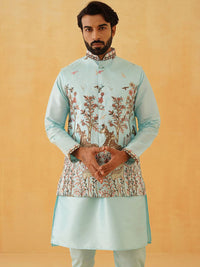 SOJANYA LUXE Thread Work Silk Cotton Straight Kurta with Churidar & Nehru Jacket