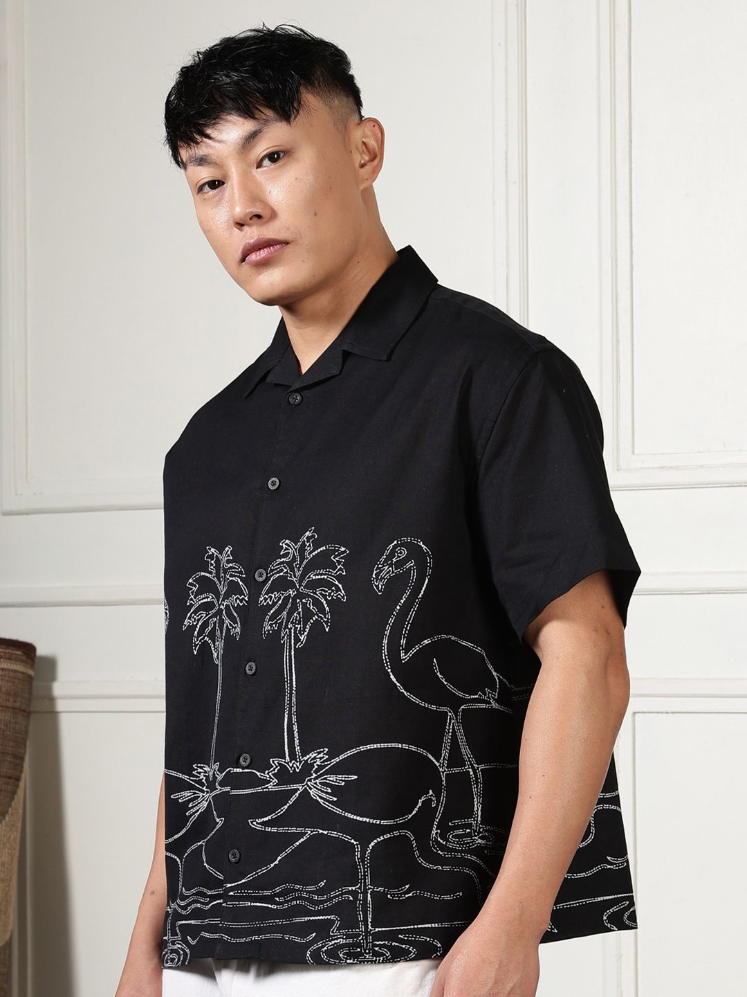 Eszett Floral Printed Cuban Collar Cotton Shirt