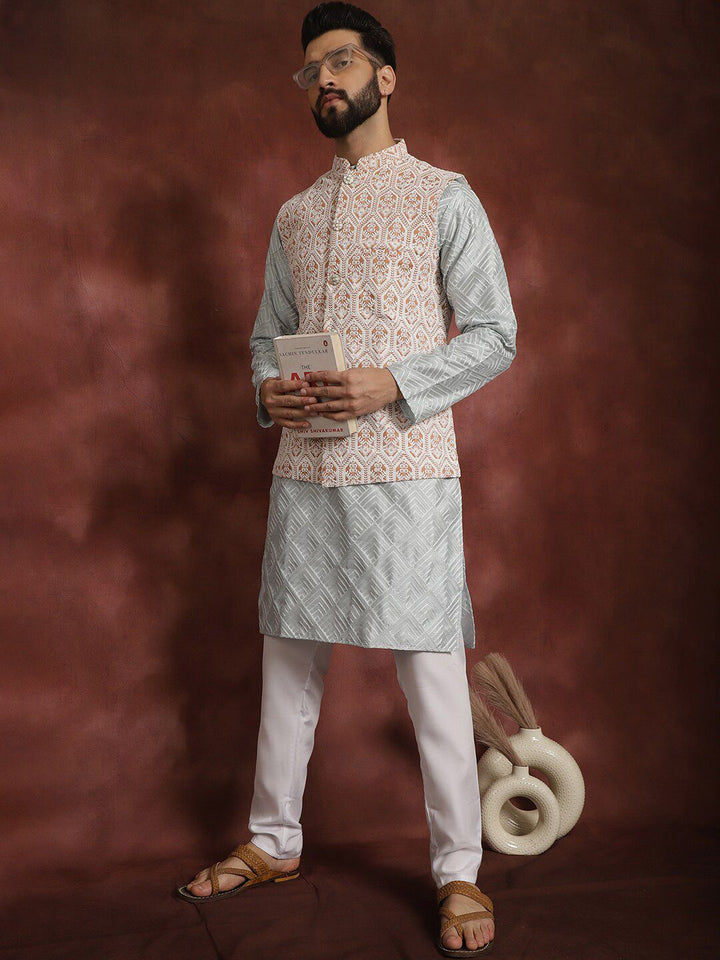 Motif Etnik Kelabu Anouk Bersulam Kurta Lurus Dengan Jaket Churidar & Nehru