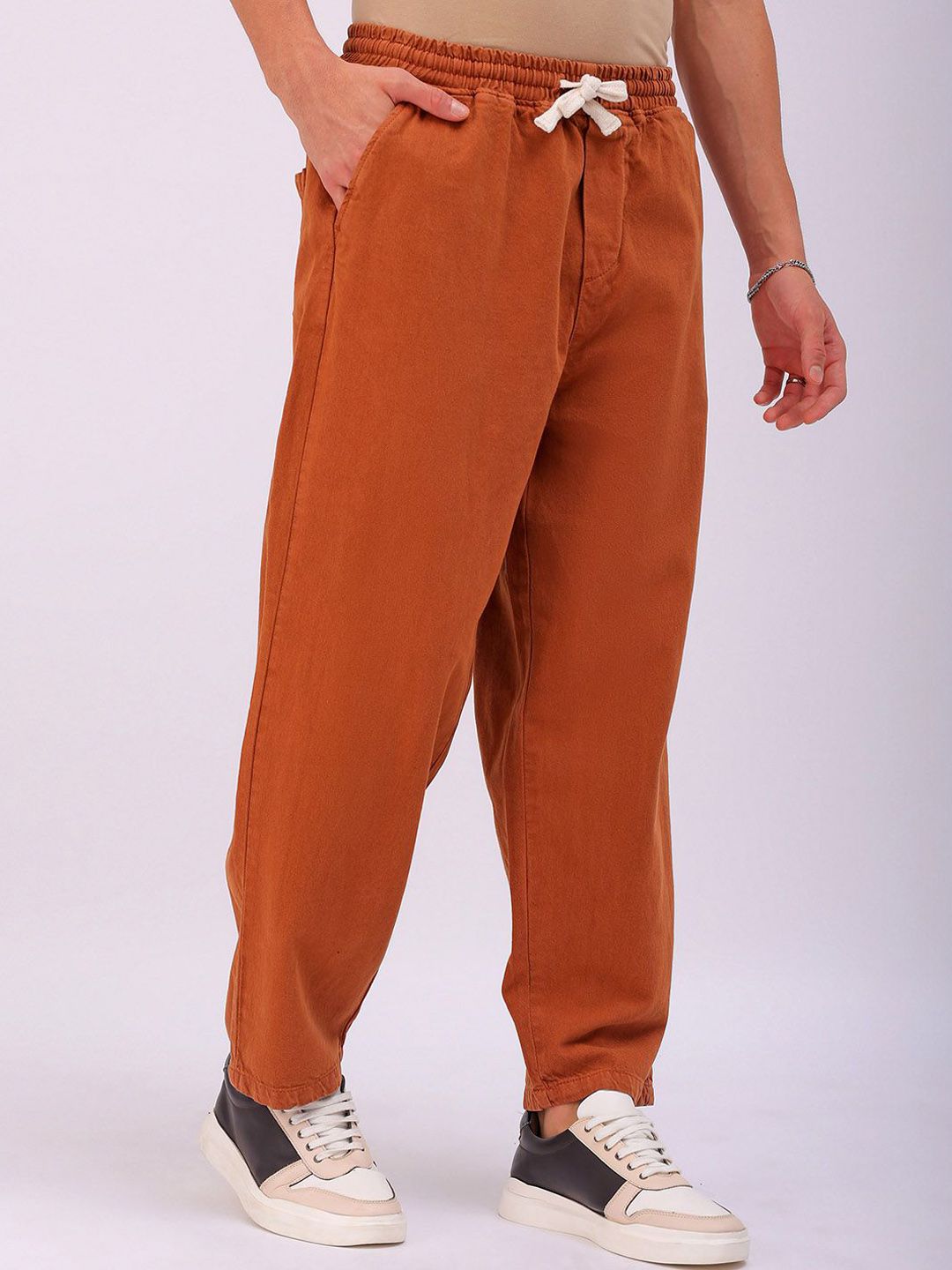 The Indian Garage Co Men Baggy Fit Cotton Elasticated Waist Jeans