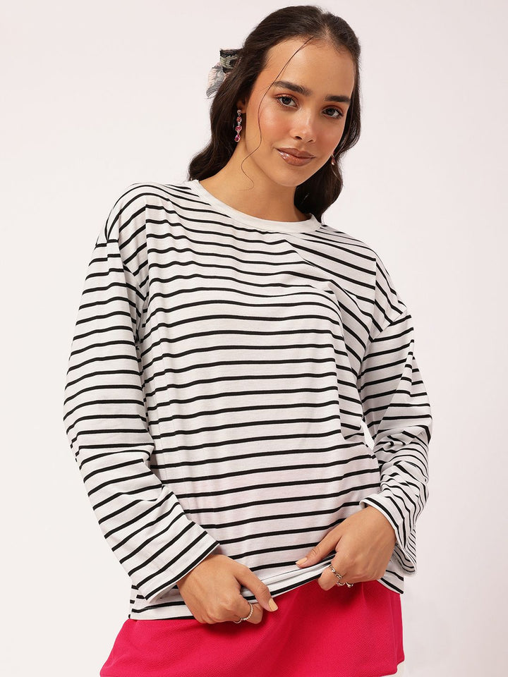 DressBerry Monochrome Whimsy Drop-Shoulder Sleeves Striped T-shirt
