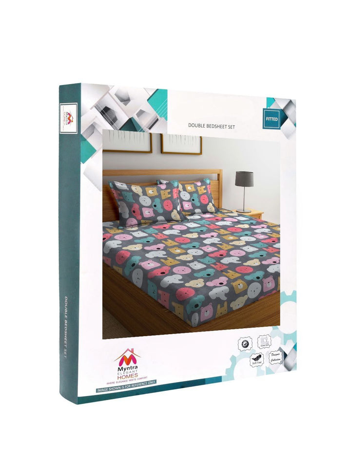 Myntra Elegant Homes Watak Kartun Kelabu & Putih Dilengkapi Cadar Katil King 300 TC dengan 2 Sarung Bantal