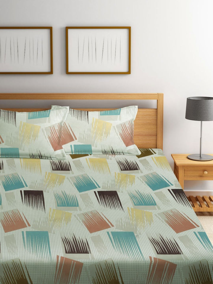 Myntra Elegant Homes Grey & Green Printed 300 TC Fitted King Bedsheet Set 2.45 x 2.25 m