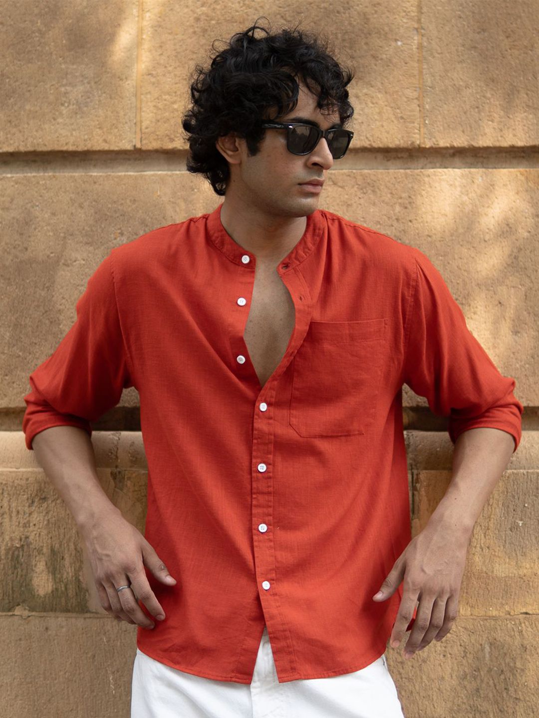 Powerlook Men Solid Mandarin Collar Cotton Casual Shirt