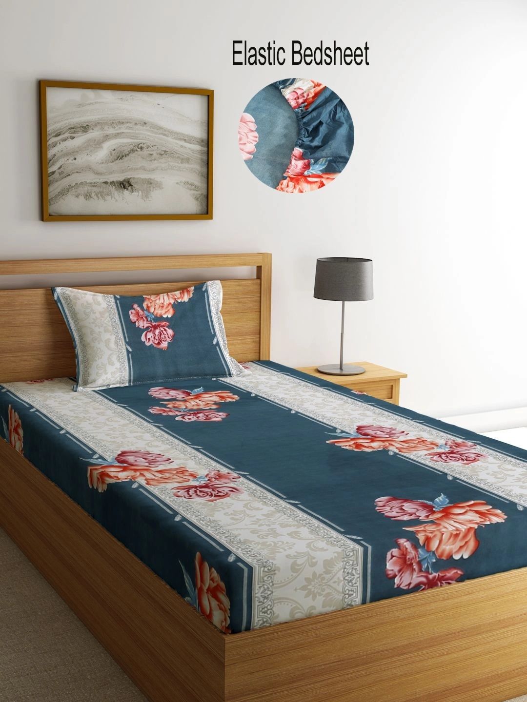 Myntra Elegant Homes Blue & Orange Floral 300 TC Single Bedsheet with 1 Pillow Covers