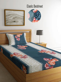 Myntra Elegant Homes Blue & Orange Floral 300 TC Single Bedsheet with 1 Pillow Covers