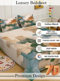 KLOTTHE Beige Geometric Printed Fitted 400 TC King 7D Bedsheet with 2 Pillow Covers