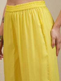 Vishudh Yellow Floral Embroidered Round Neck Thread Work Straight Kurta With Palazzos