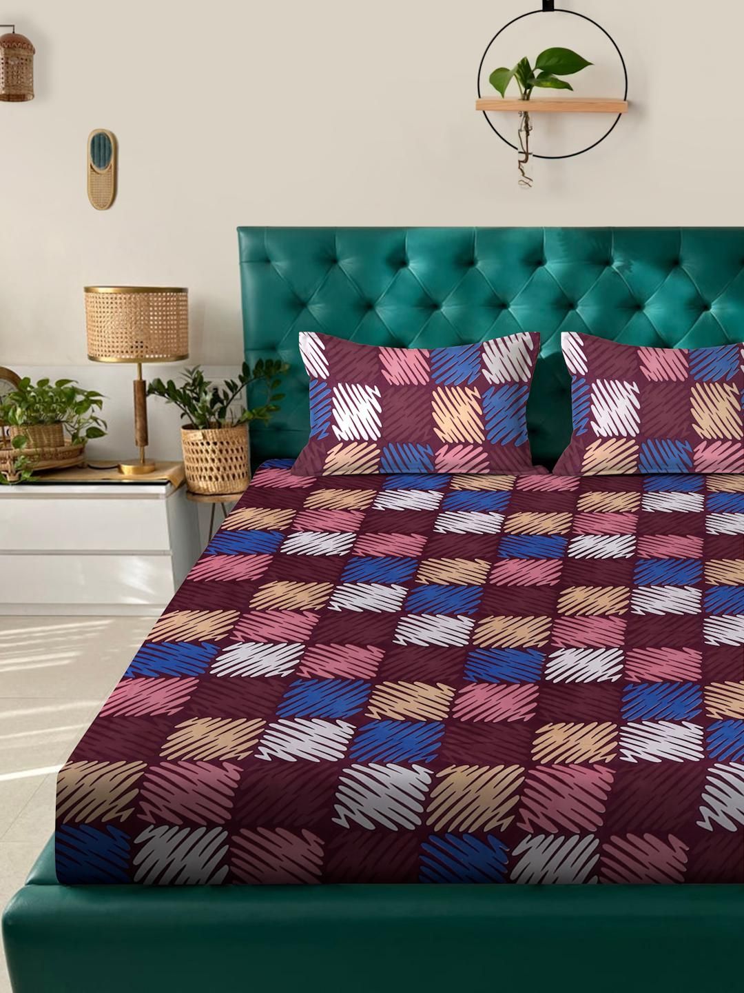 KLOTTHE Geometric Printed Dilengkapi Cadar Katil Double King 300 TC Dengan 2 Sarung Bantal