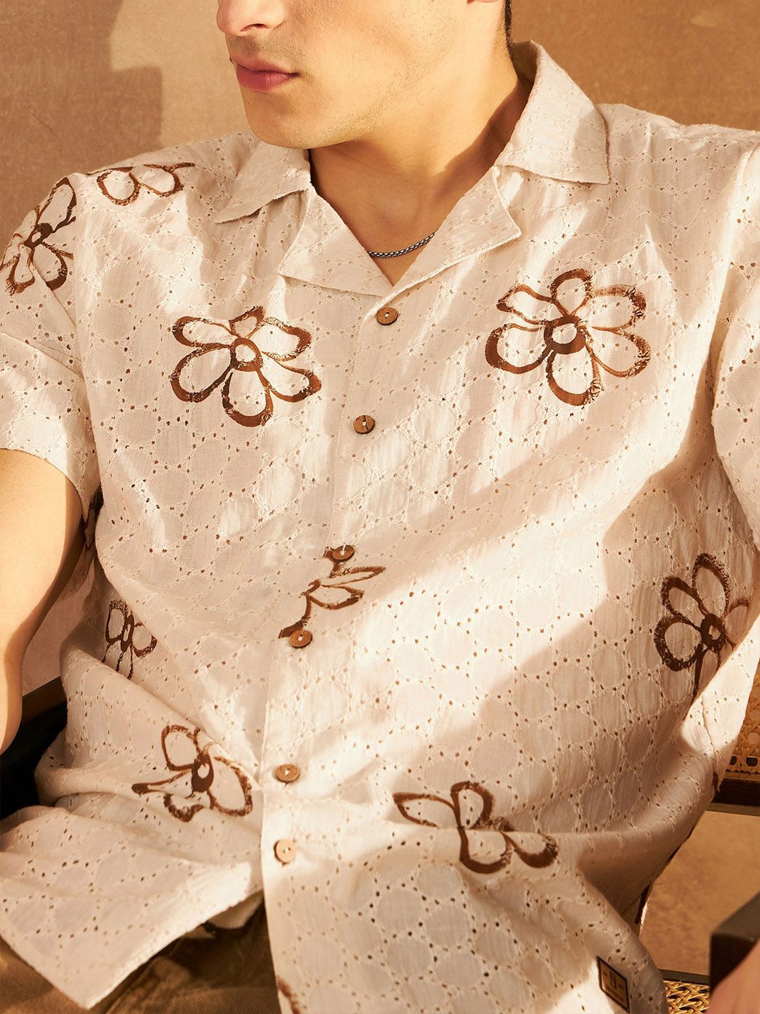 DENNISON Men Schiffli Block Printed Oversized Casual Shirt