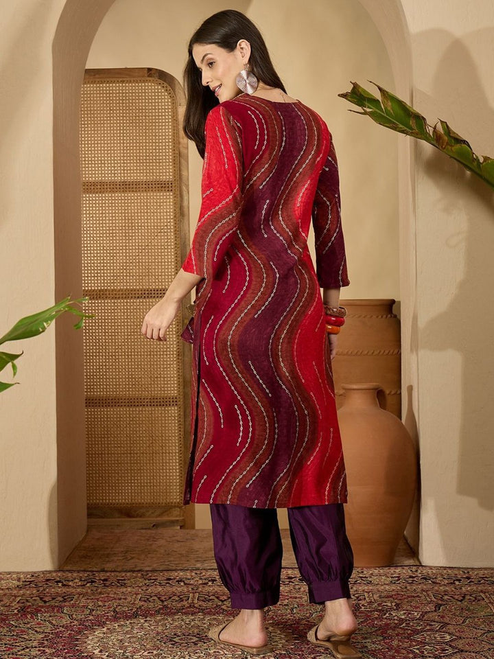 Kalini Wanita Bandhani bersulam v-neck kurta