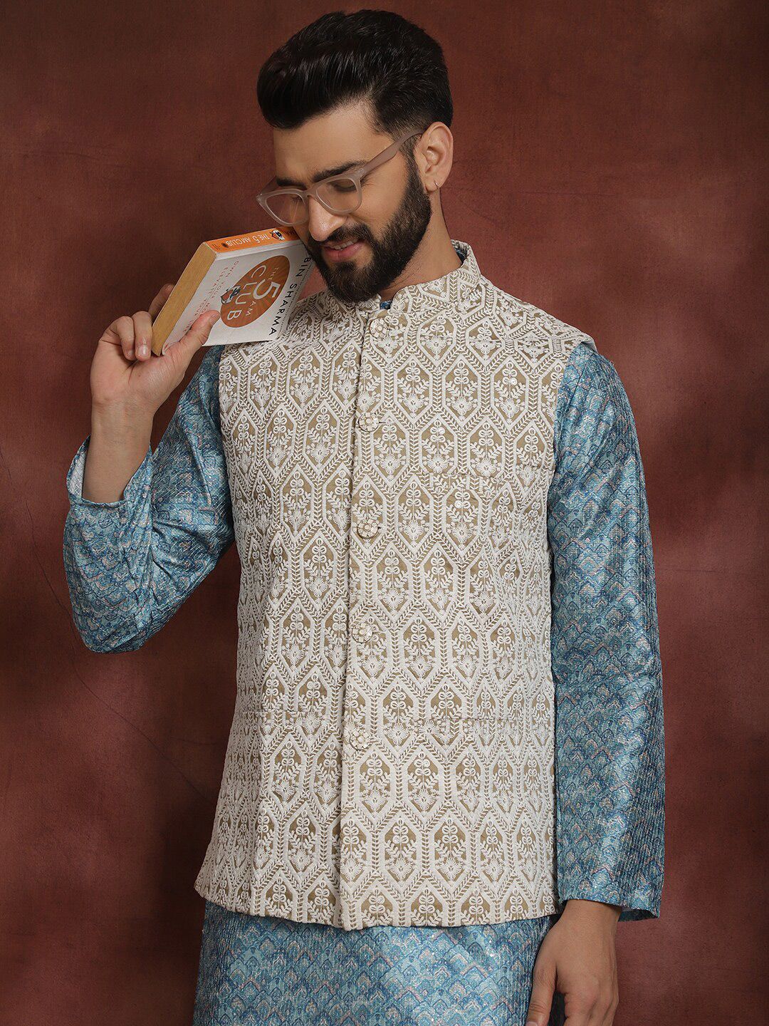 Anouk Blue Striped Mandarin Collar Thread Work Straight Kurta With Churidar