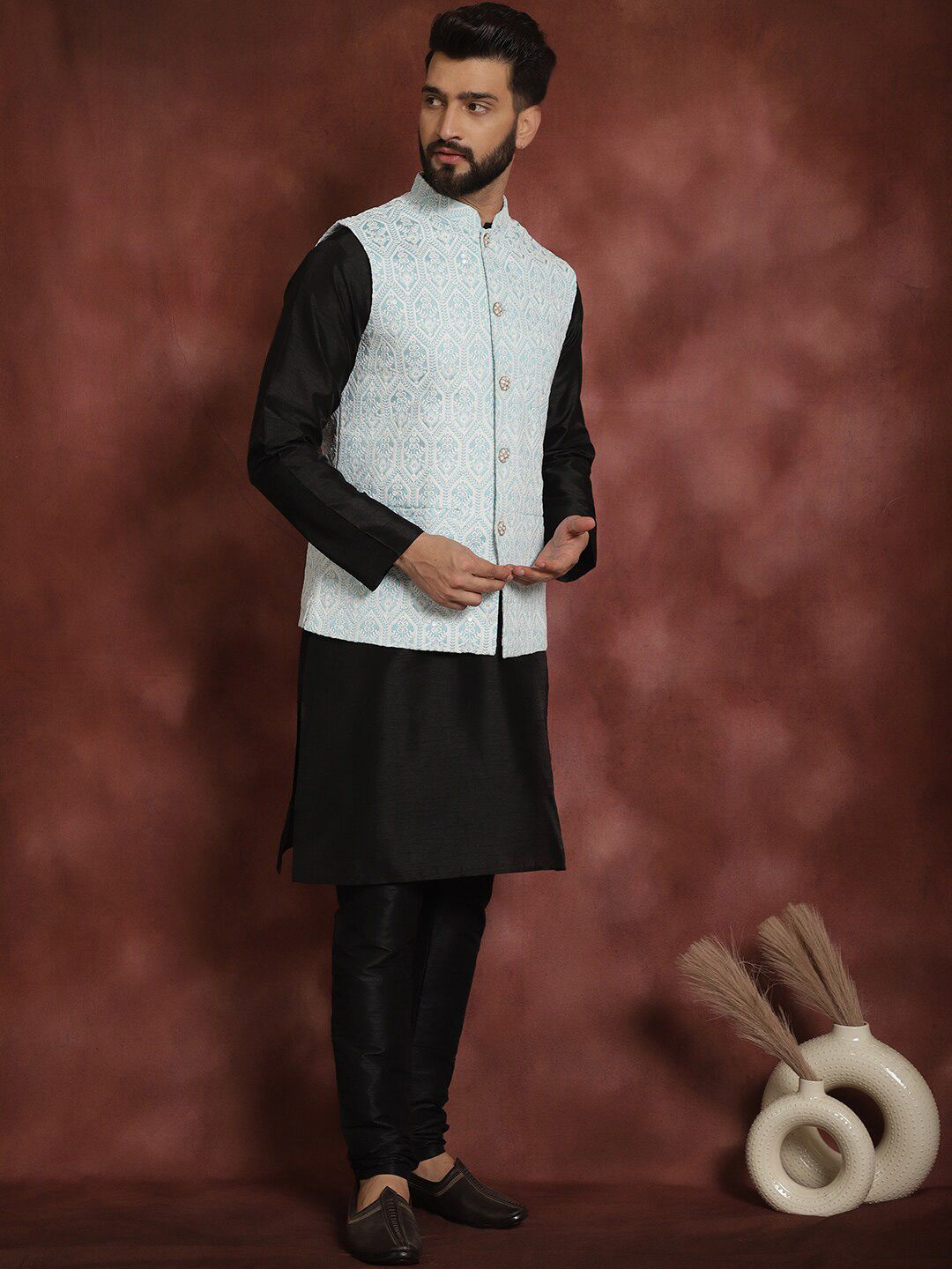 Anouk Ethnic Motifs Straight Kurta with Churidar & Nehru Jacket