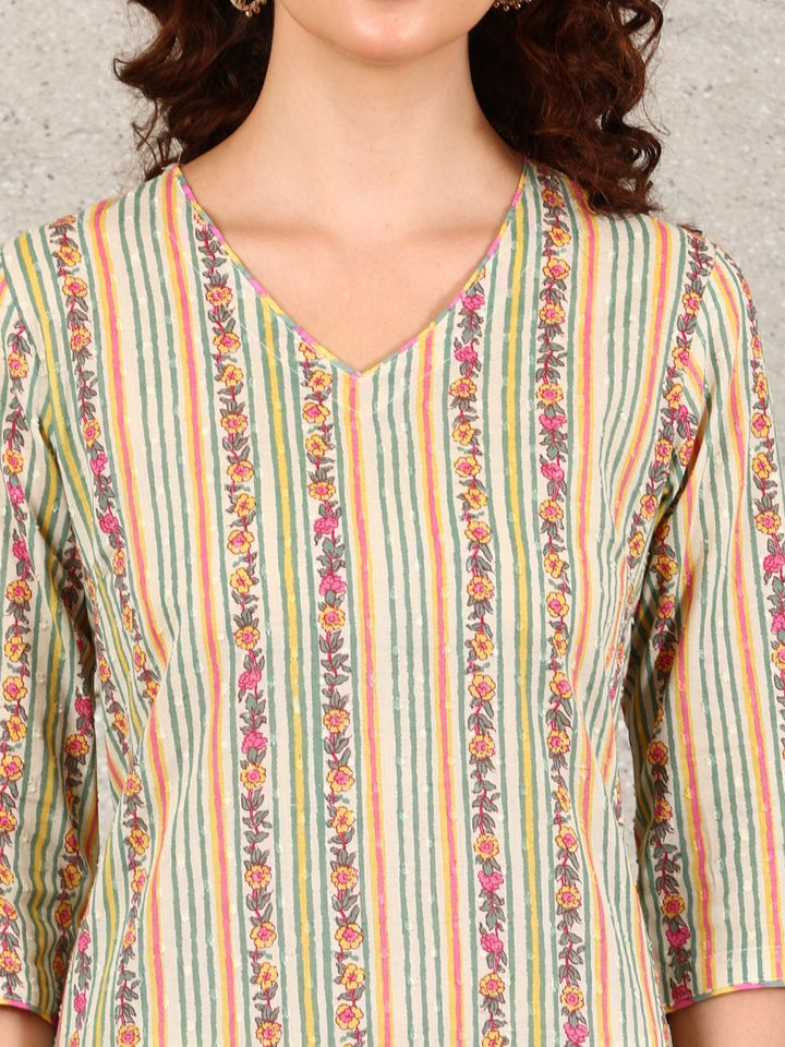 W Women Striped Flared Sleeves Mirror Work Kurta