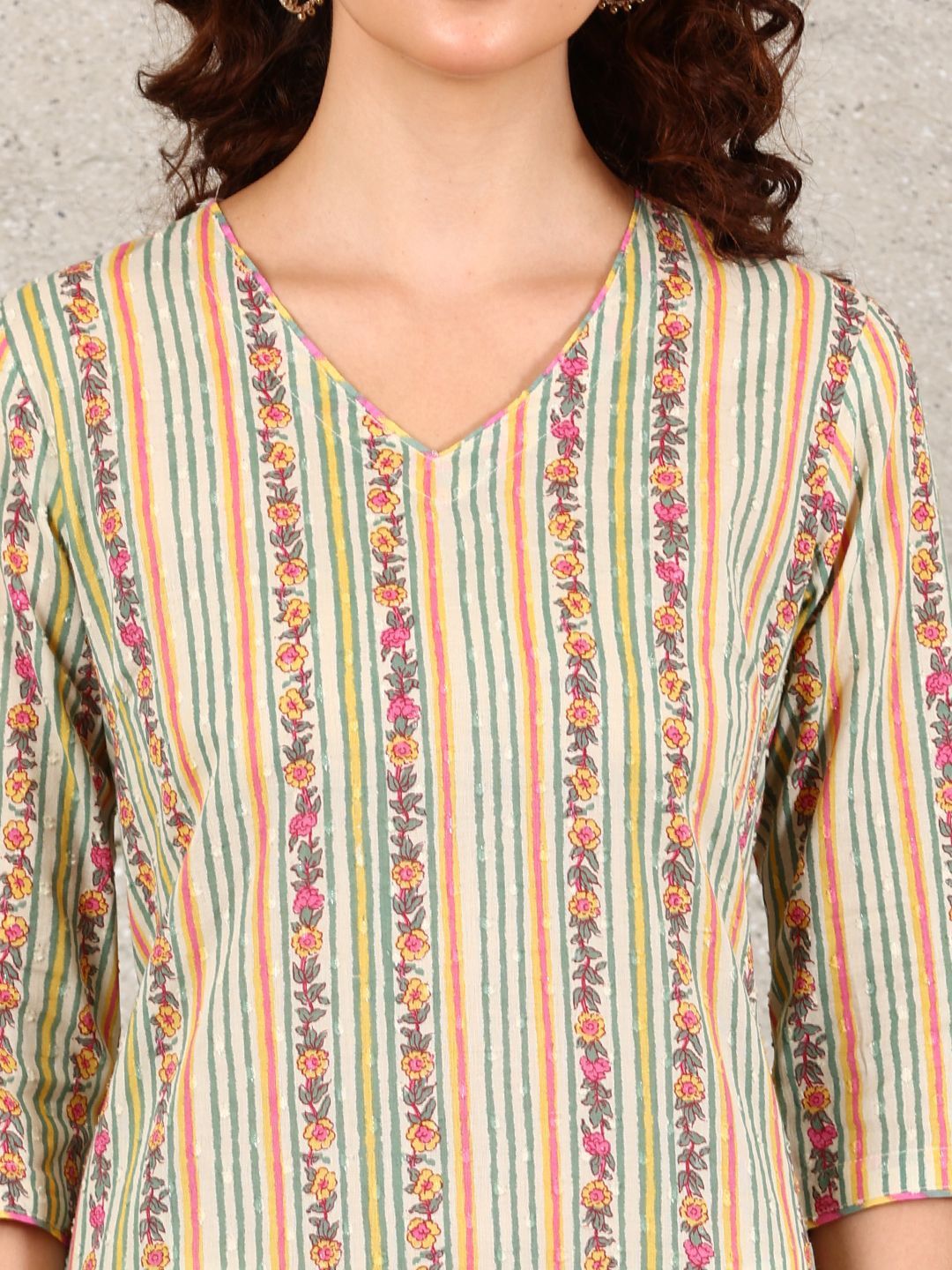 W Women Striped Flared Sleeves Mirror Work Kurta