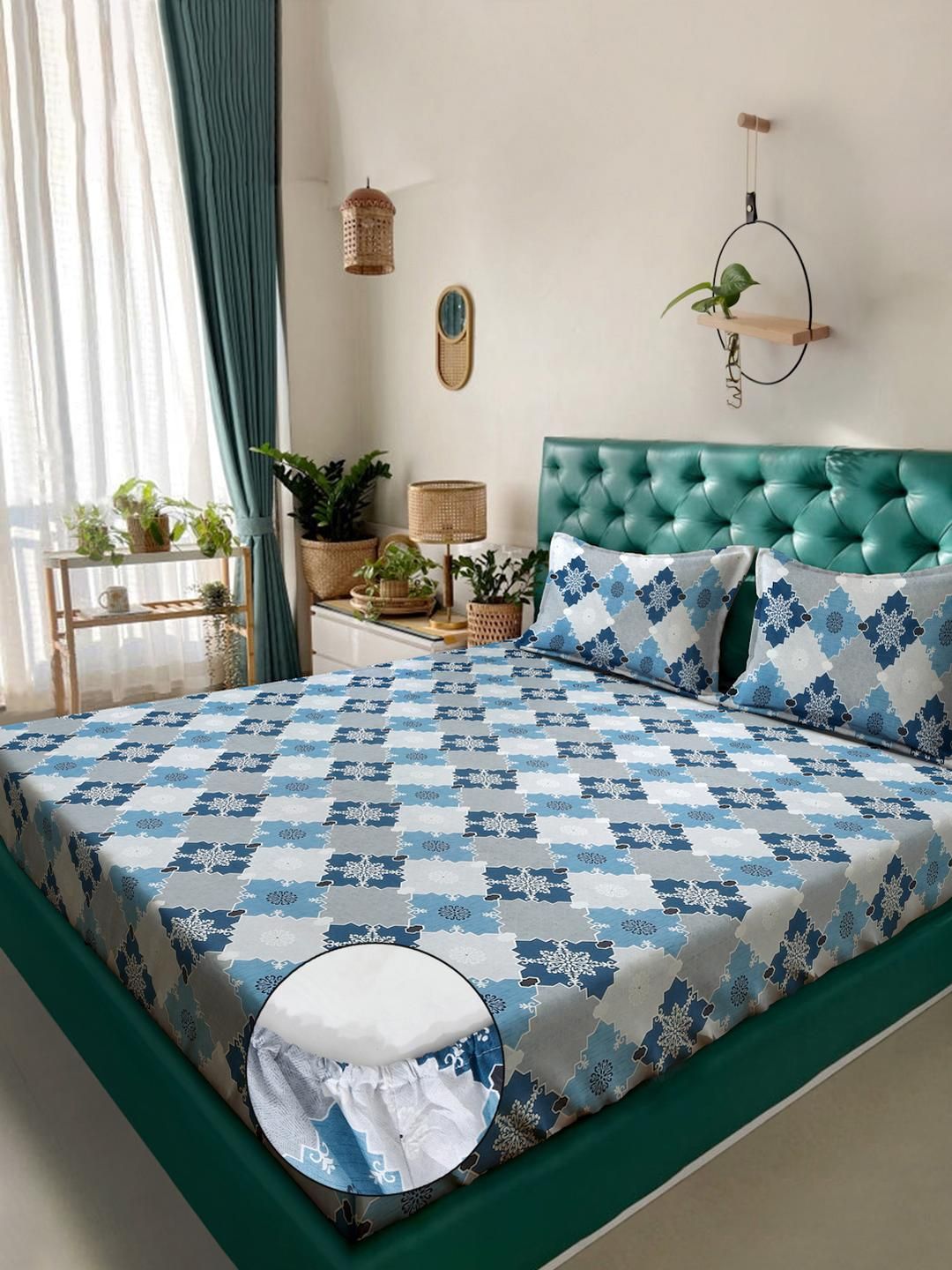 KLOTTHE Blue Floral Pure Cotton 400 TC Fitted King Fine Bedsheet dengan 2 Sarung Bantal-98 x 89 inci