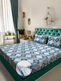 KLOTTHE Blue Floral Pure Cotton 400 TC Fitted King Fine Bedsheet dengan 2 Sarung Bantal-98 x 89 inci