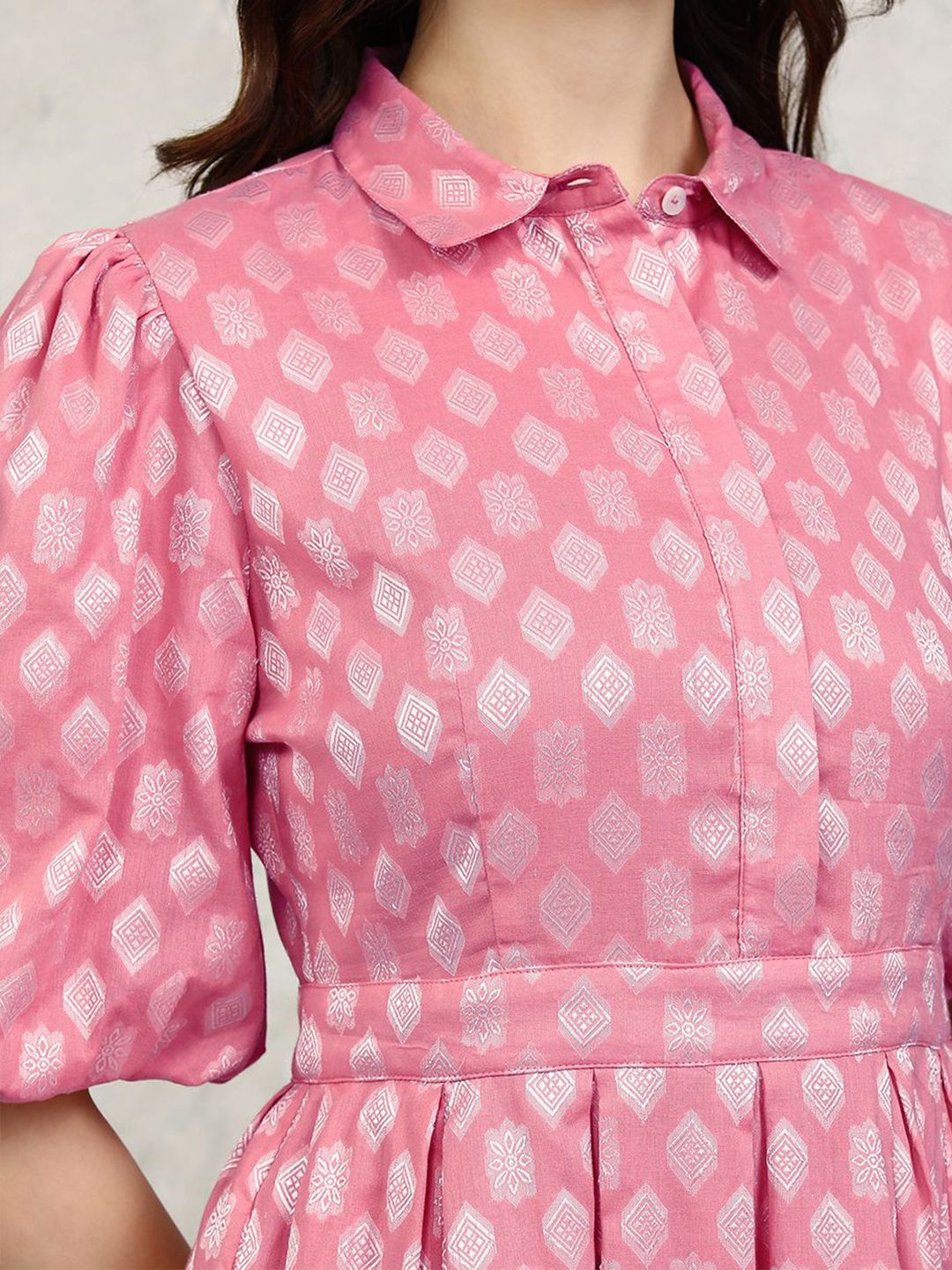 Vishudh Ethnic Motifs Cotton Puff Sleeve Shirt Midi Dress