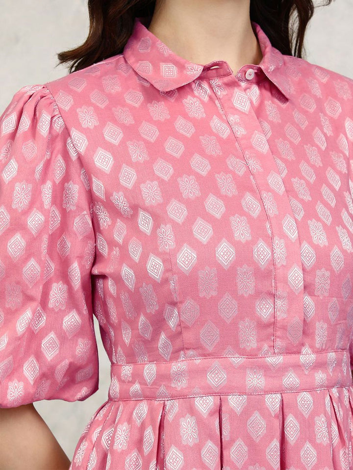 Vishudh Ethnic Motifs Cotton Puff Sleeve Shirt Midi Dress