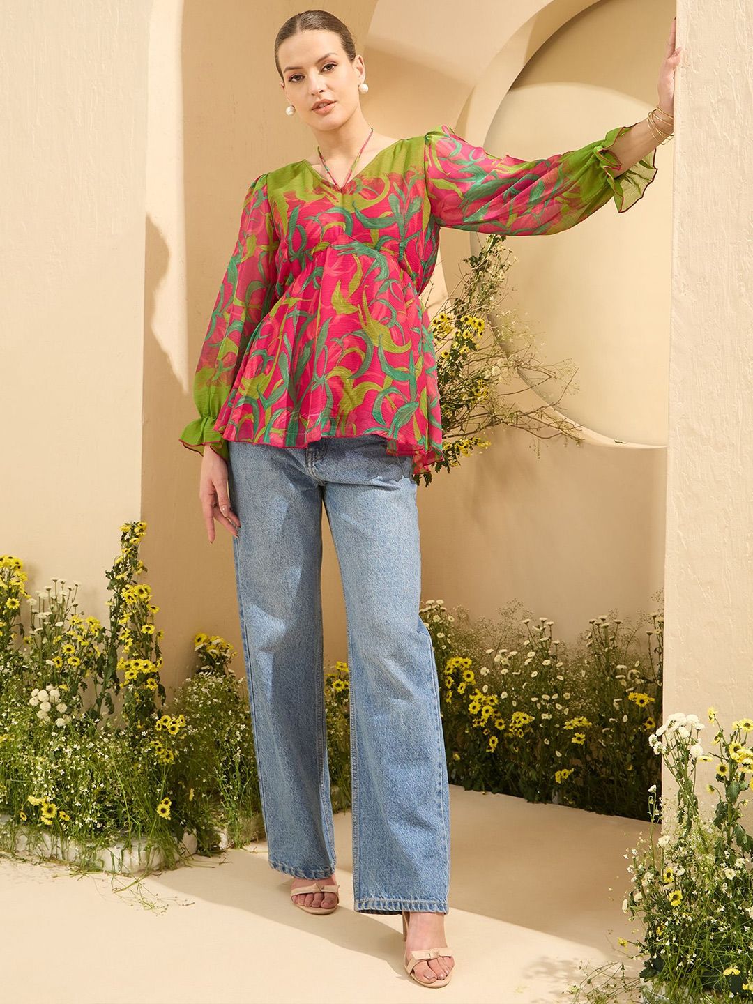 Antheaa Women Printed Puff Sleeves Empire Top