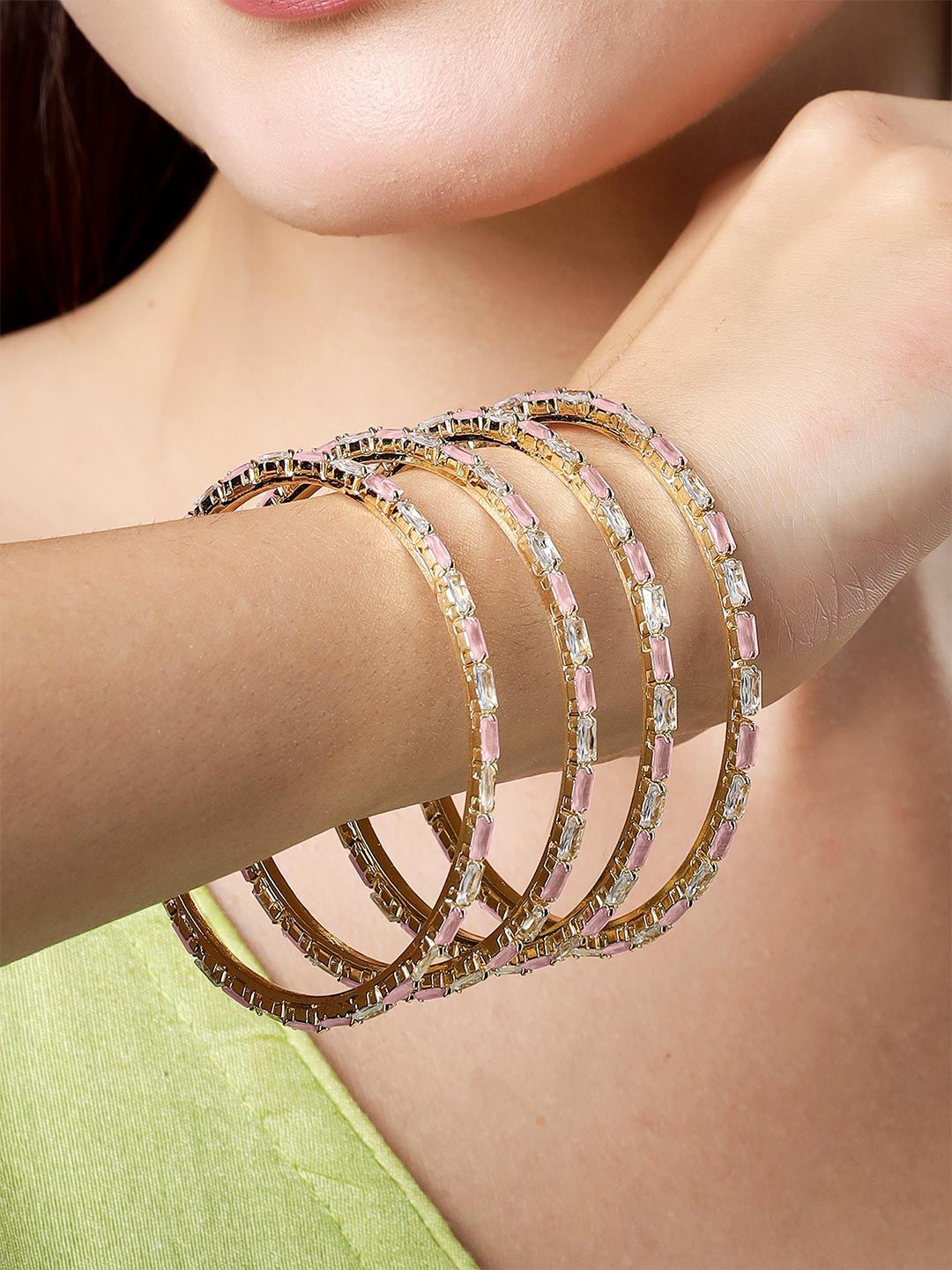 KARATCART Set Of 4 Gold-Plated American Diamond Studded Bangles
