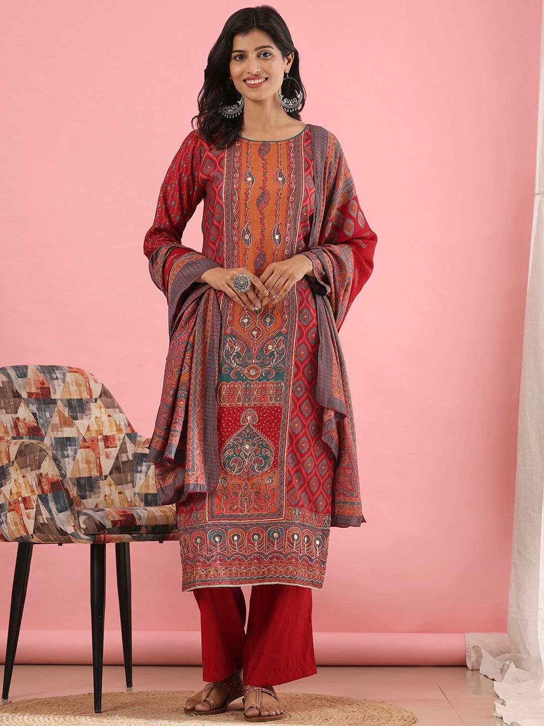 Mamicha Women Floral Embroidered Regular Pure Cotton Kurta with Trousers & With Dupatta