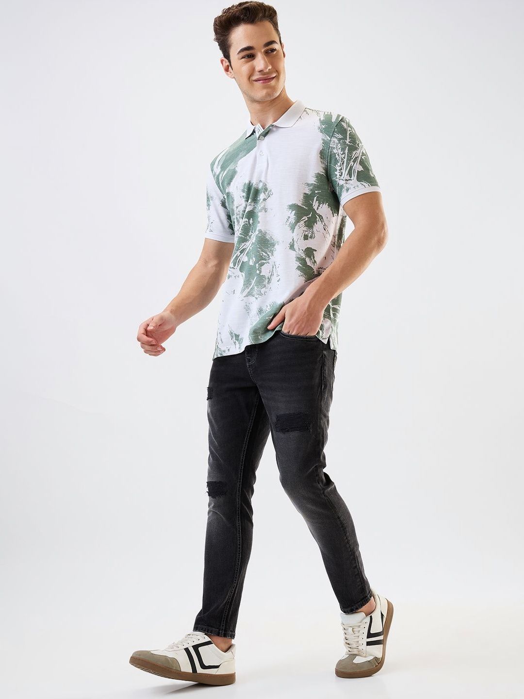 SPYKAR Men Abstract Printed Polo Collar Cotton Slim Fit T-shirt