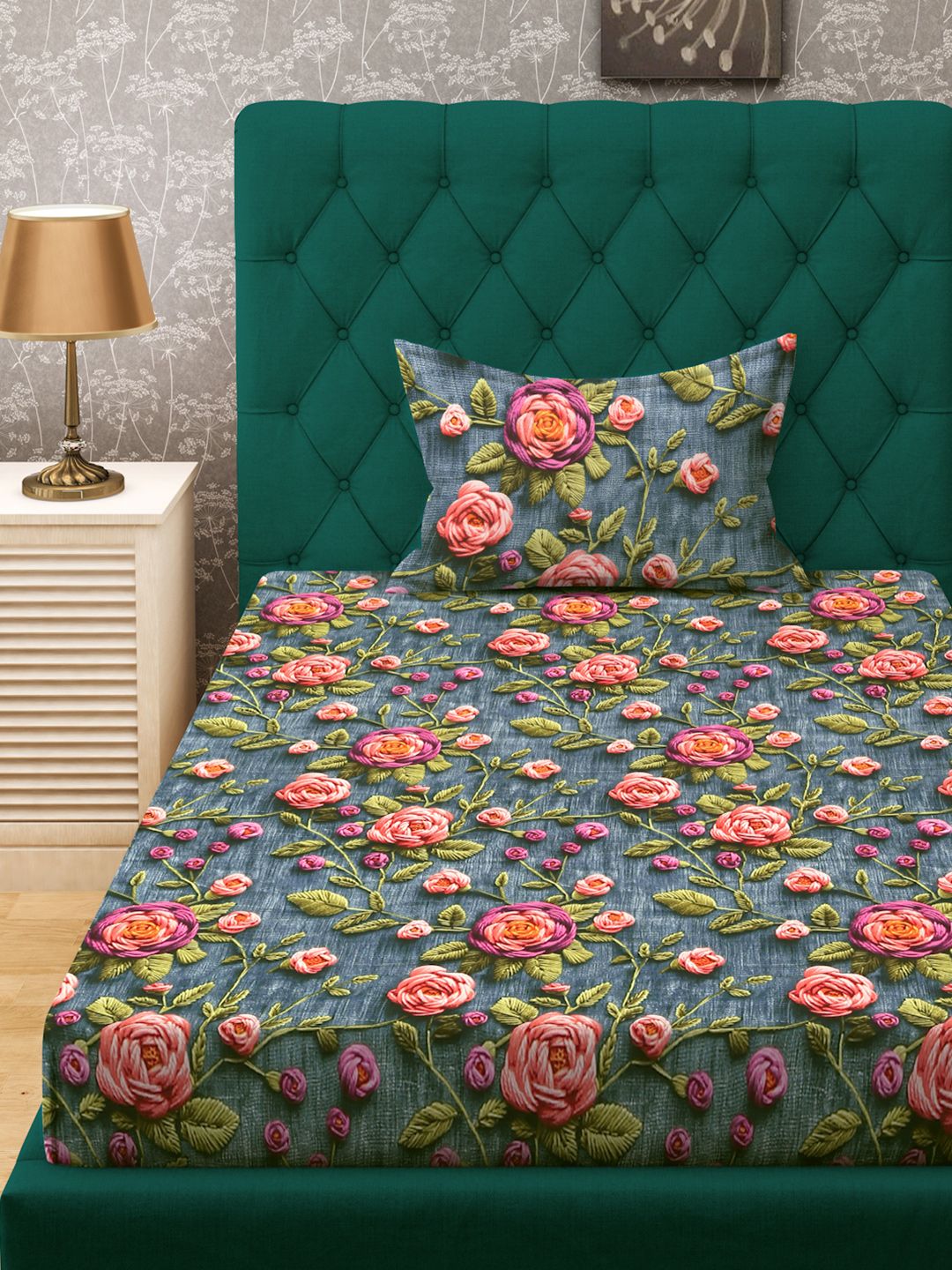 KLOTTHE Turquoise & Pink Floral Printed Flat 300 TC Single Cadar 7D Dengan Sarung Bantal