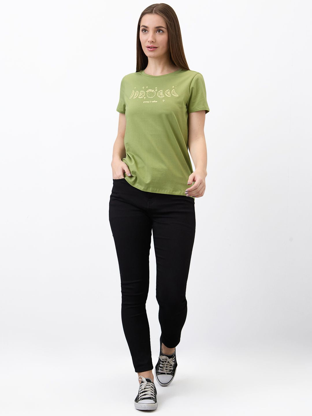 SPYKAR Women Regular Fit Graphic Printed Round Neck Cotton T-shirt