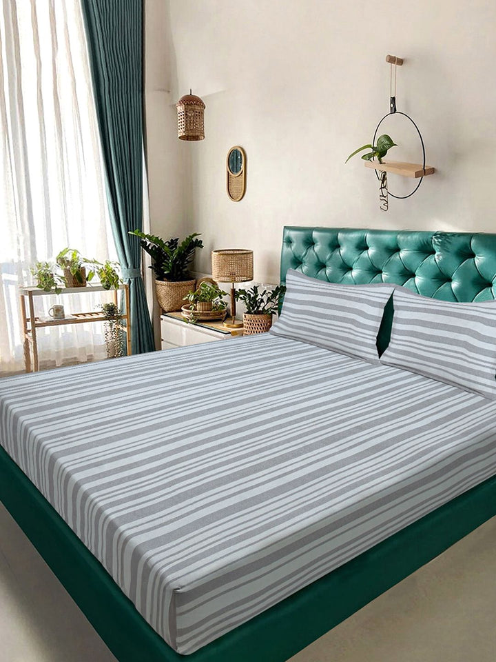 KLOTTHE Grey Stripted Printed Fitted 400 TC King Bedsheet With 2 Pillow Cover