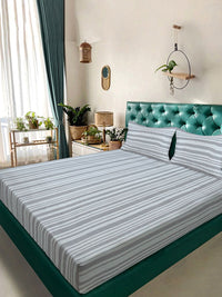 KLOTTHE Grey Stripted Printed Fitted 400 TC King Bedsheet With 2 Pillow Cover