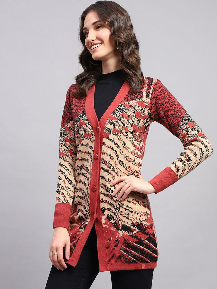 Monte Carlo Women Self Design V-Neck Long Sleeves Woollen Cardigan