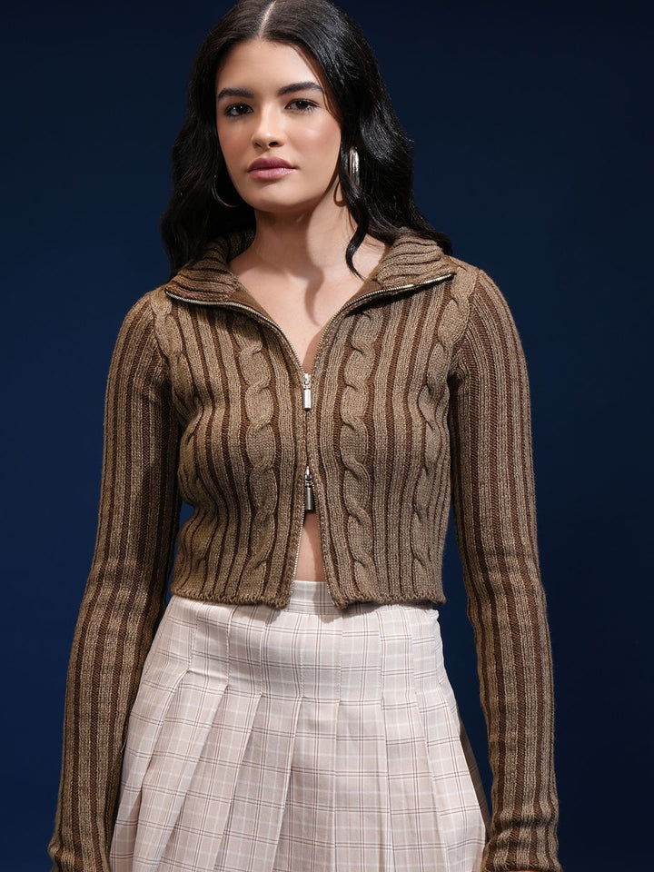 Tokyo Talkies Women Cable Knit Crop Cardigan with Zip Detail