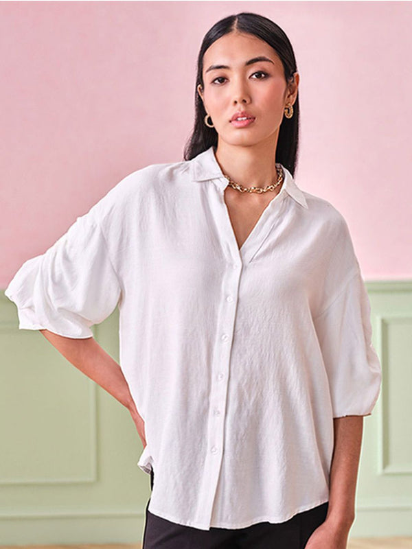 AND Women Solid Shirt Collar Top