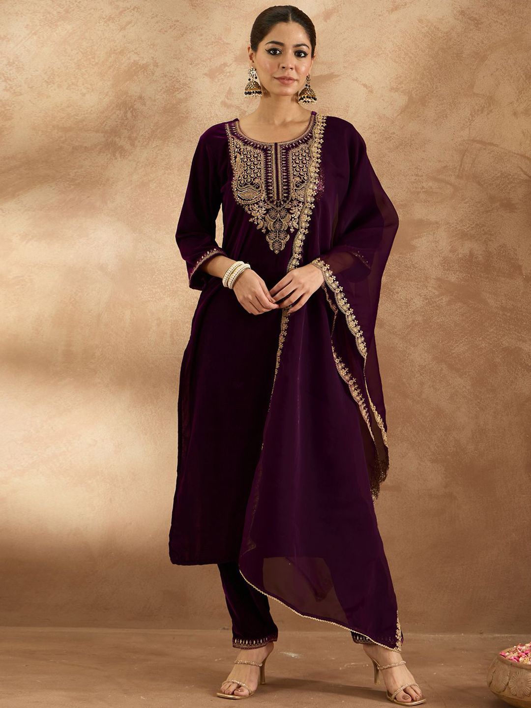Indo Era Women Ethnic Motifs Embroidered Regular Velvet Kurta with Trousers & With Dupatta