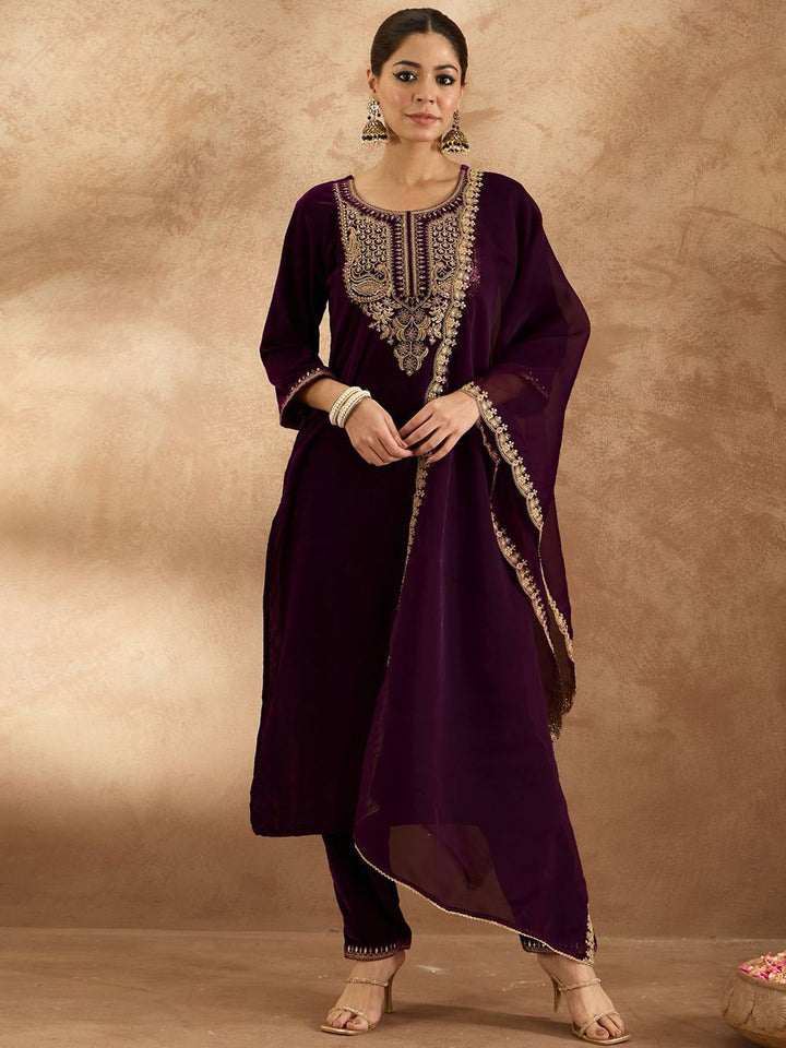Indo Era Women Ethnic Motifs Embroidered Regular Velvet Kurta with Trousers & With Dupatta