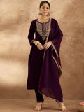 Indo Era Women Ethnic Motifs Embroidered Regular Velvet Kurta with Trousers & With Dupatta