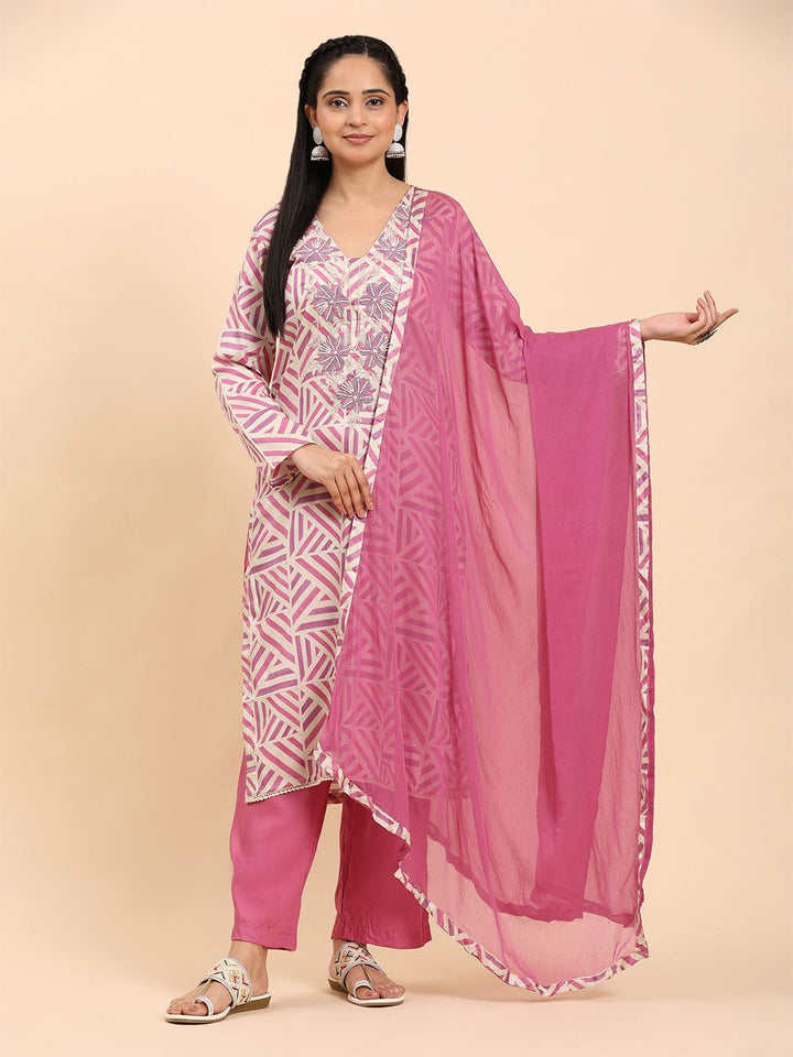 Mamicha Wanita Bercetak Kurta Kapas Tulen Biasa dengan Seluar & Dengan Dupatta