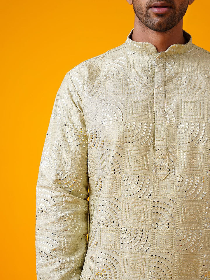SOJANYA LUXE Geometrik Sulam Kolar Mandarin Benang Kerja Kurta Lurus