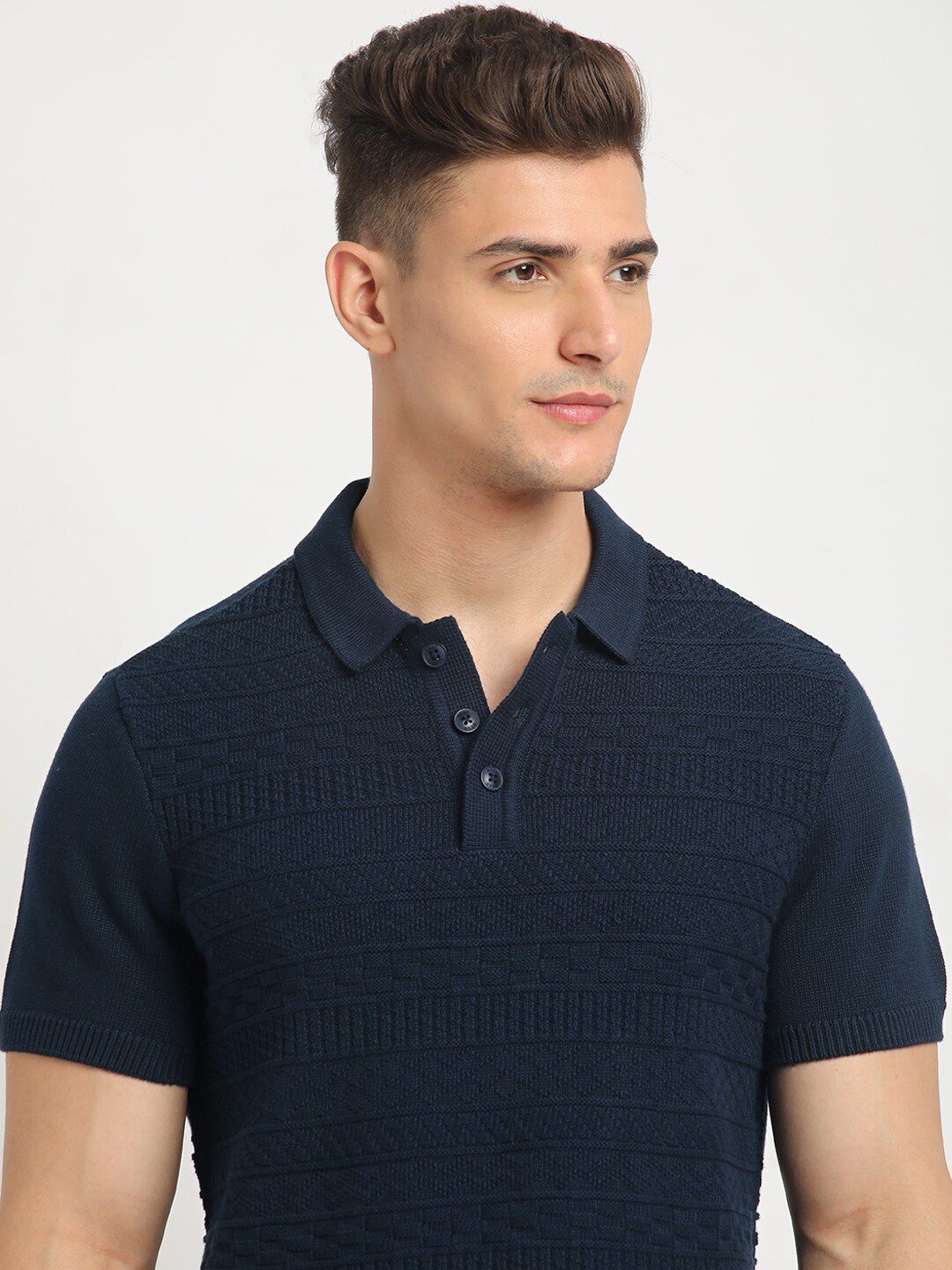 THE BEAR HOUSE Self Design Polo Collar Short Sleeves Cotton T-shirt