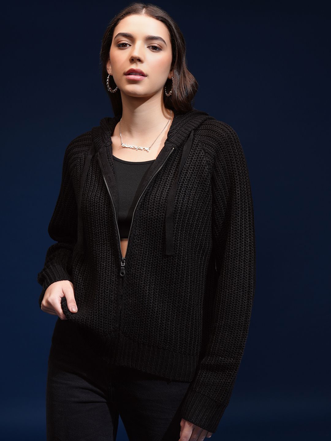 Tokyo Talkies Women Cable Knit Hooded Pullover Sweater