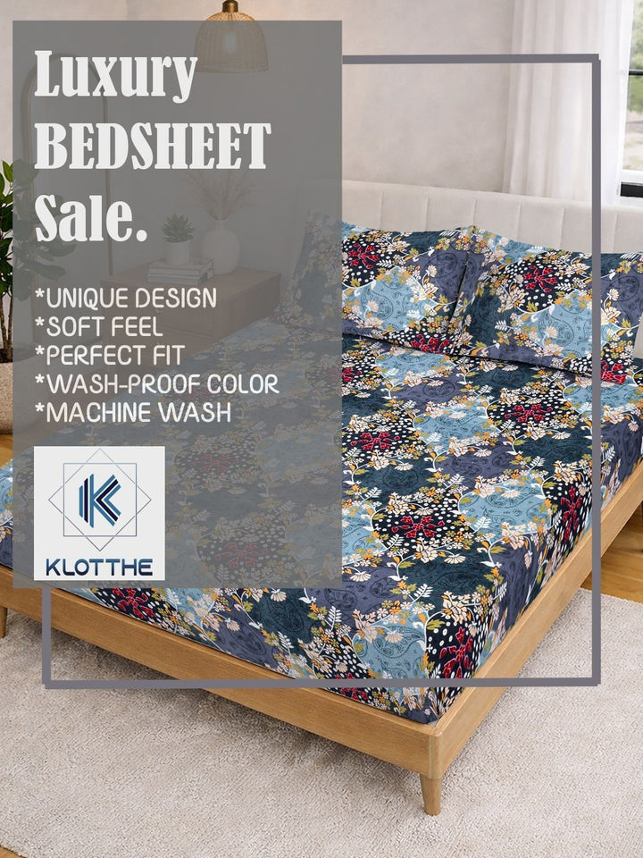 KLOTTHE Blue Floral Fitted Double Bedsheet with 2 Pillow Covers
