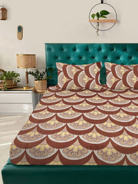 Aura Brown & White Floral Printed Fitted 300 TC King Bedsheet Set 2.50 m x 2.25 m